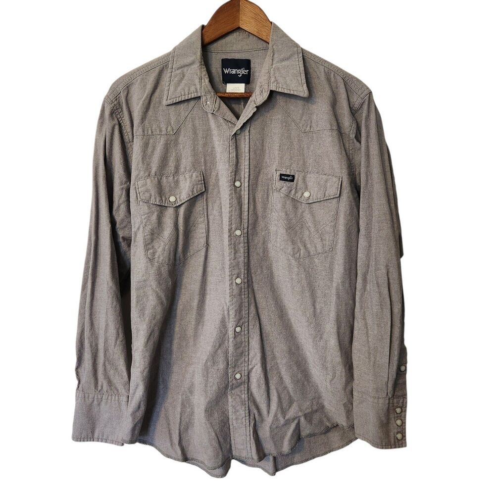 Wrangler Mens L Gray Western Pearl Snap Pocket LS Shirt MS727GY Firm Finish